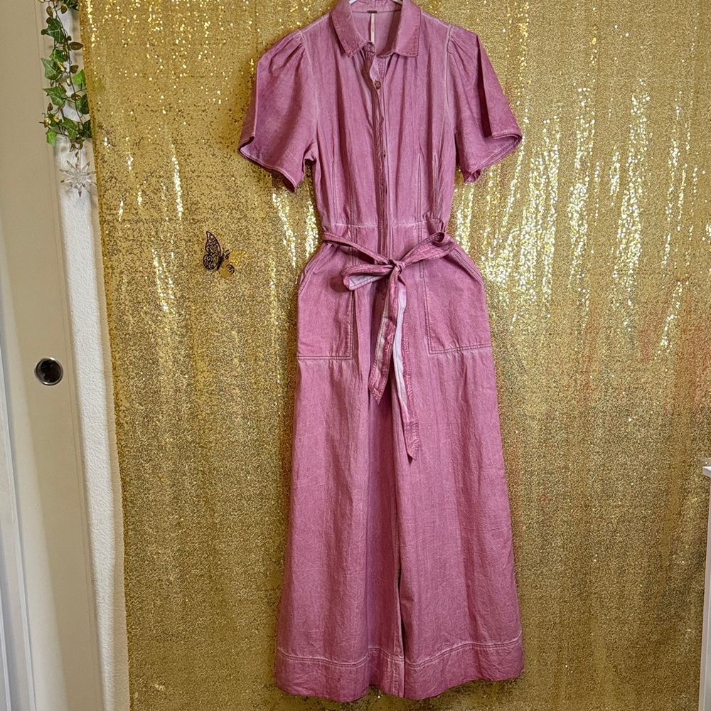 Free People mauve acid Wash Short Sleeve Wide Leg  Jumpsuit
